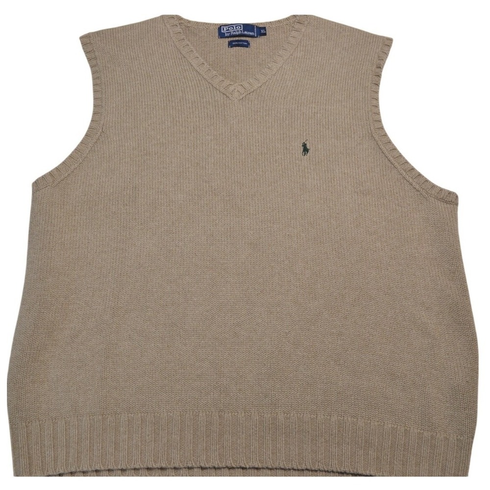 Polo Ralph Lauren Men's XL Tan Brown Cotton Sweater Vest V-Neck Knit Pullover